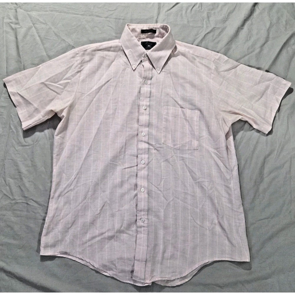 VTG Surrey Men 16.5 Pink Button Up Striped Shirt Natural Cotton Blend Made USA